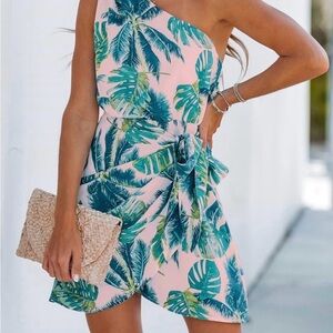 Cupshe Pink One-Shoulder Palm Leaf Mini Dress